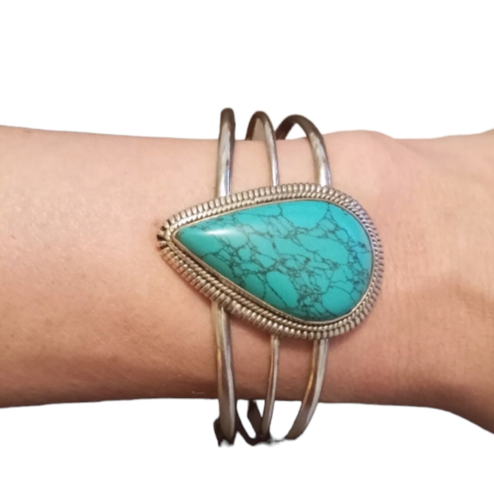 Large Handmade Spider Web Turquoise Sterling Silver Triple Band Cuff Bra…